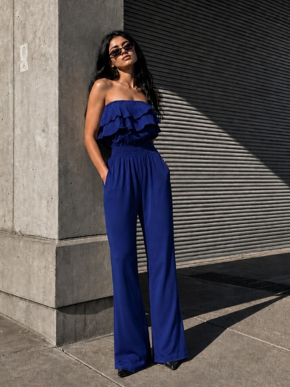 Jay Godfrey Silk Navy Jumpsuit Strapless Sleeveless Wide Leg Navy Long Onepiece